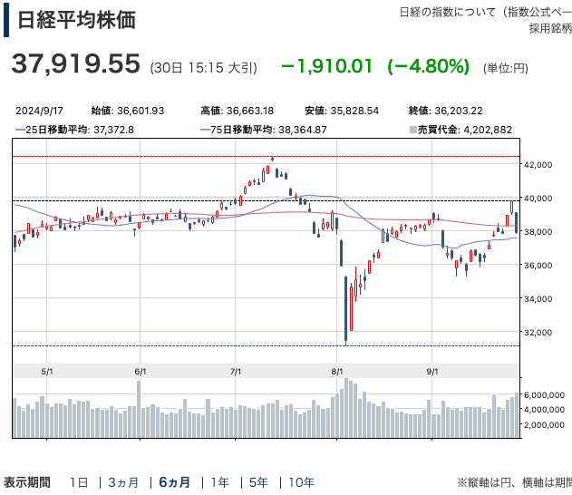 日経平均6か月チャート202409